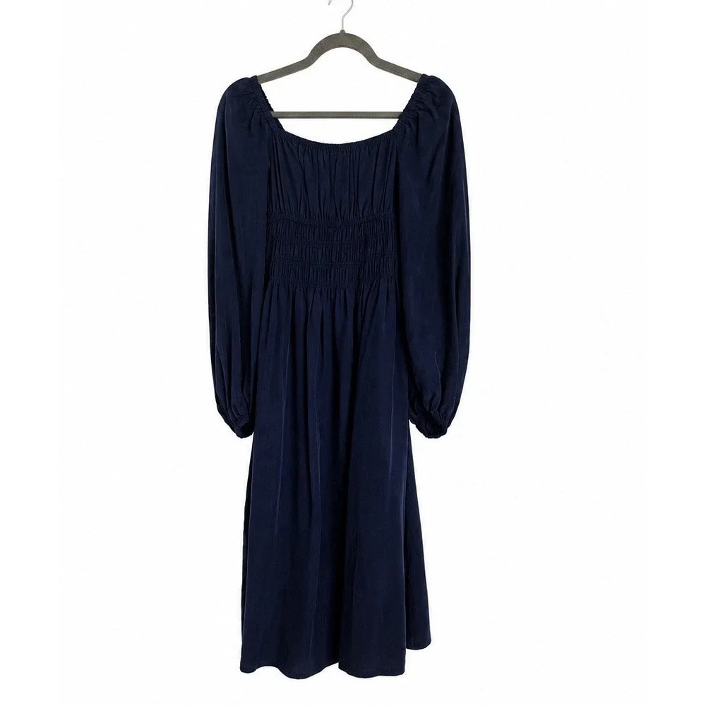 Hill House Home The Jasmine Nap Dress XXS Navy Blue Smocked Midi Long Sleeve NWT - Picture 3 of 13